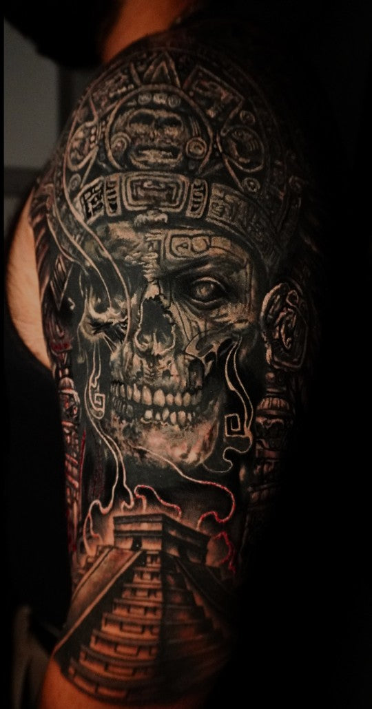 Aztec skull cover-up, healed result