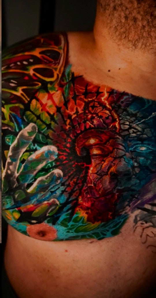 Surreal color chest piece cover-up, healed result