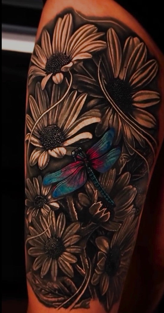 Daisies and dragonfly cover-up, healed result