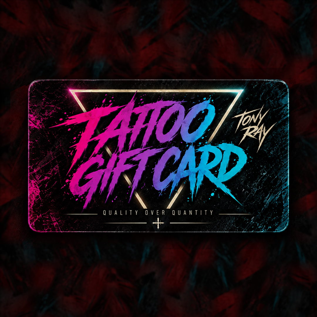 Art By Tony Ray tattoo gift card, neon brush lettering in pink and blue on black