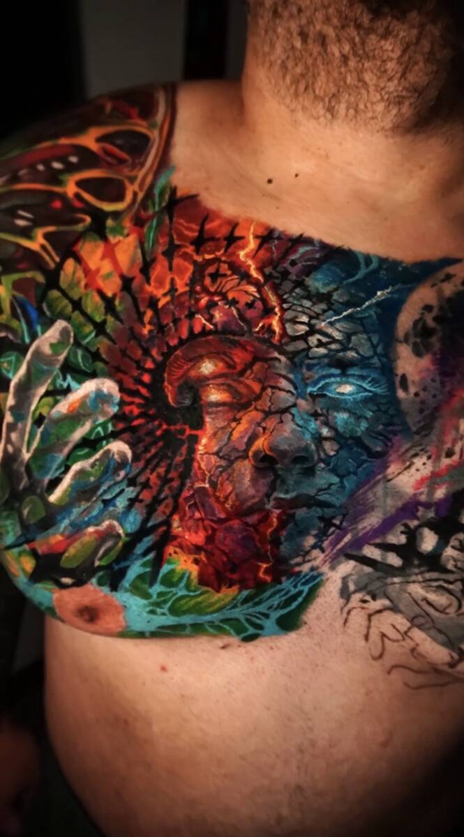 Color chest piece tattoo